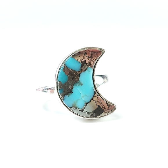 Sterling Silver Turquoise and Pyrite Crescent Moon Ring Size 7 - Picture 10 of 16